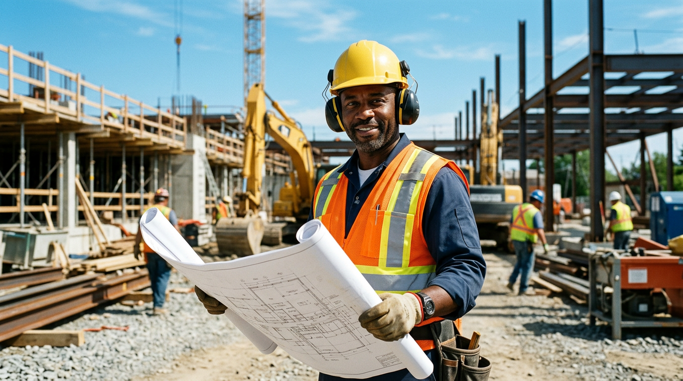 Construction worker wearing hearing protection on the job